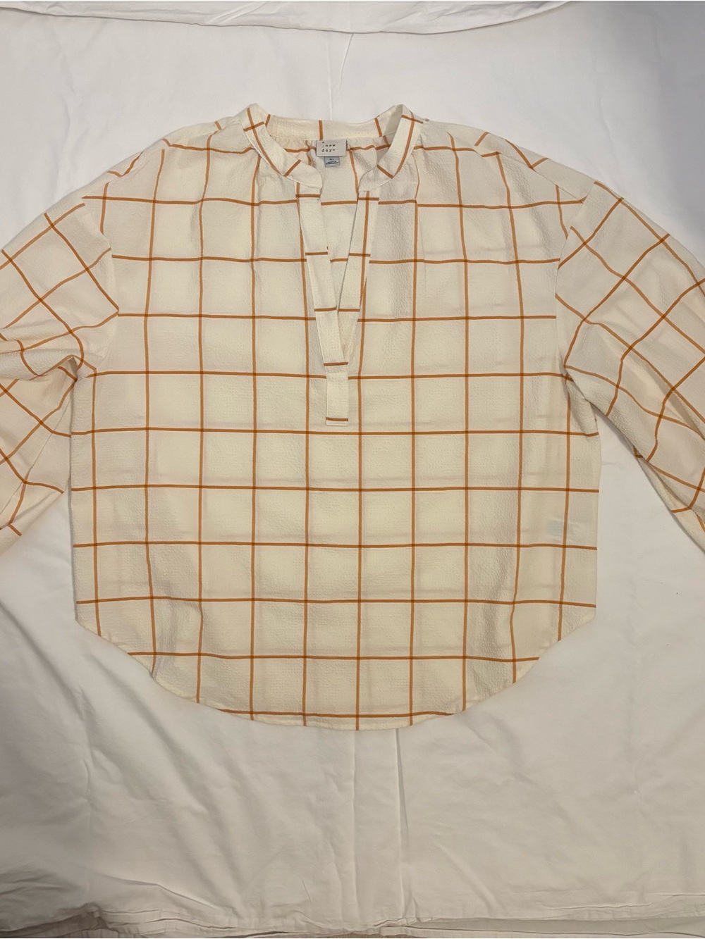 Boho striped Plaid Top Cream Tan Neck Long Sleeve XL